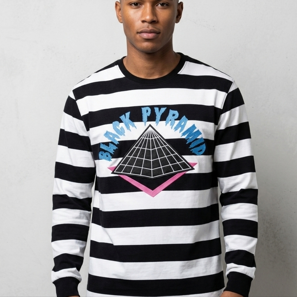 Black Pyramid Graphic Striped Long Sleeve Tee - Black, White, Blue, Pink